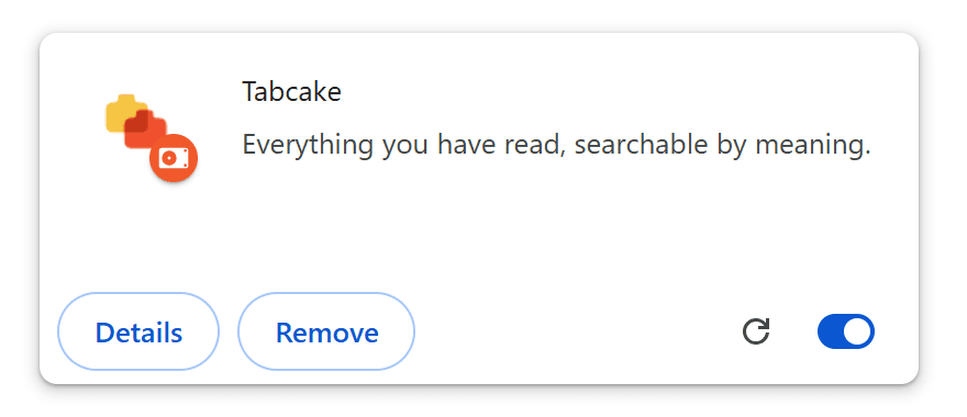 The Tabcake card in Chrome's extension list, switched on.