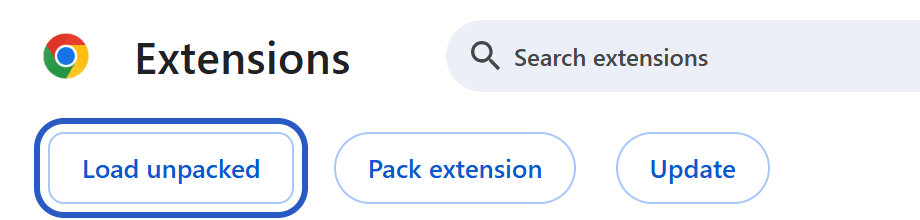 The Load unpacked button, highlighted, at the left of the new row of buttons.